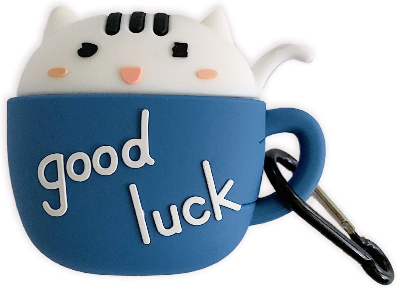for Airpods Case,AirPods 2 Case,Airpods Accessories,3D Cute Cartoon Cat Mug Cup Girls Kids Silicone Protective Case with Carabiner Compatible for Airpods 1 & 2 Charging Case (Cat Mug Blue)