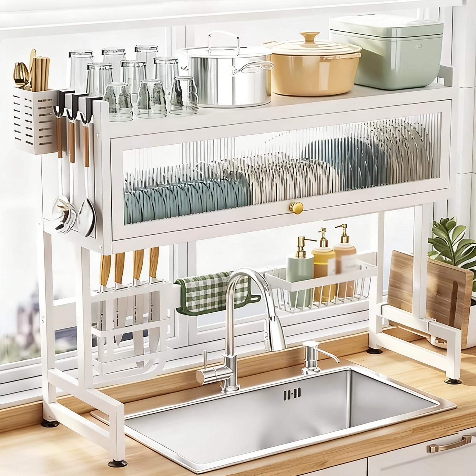 Escurridor de platos sobre el fregadero, organizador de almacenamiento grande para fregadero negro, escurridor de platos para encimera de cocina, platos, vasos, cuencos y cubiertos, ahorra espacio