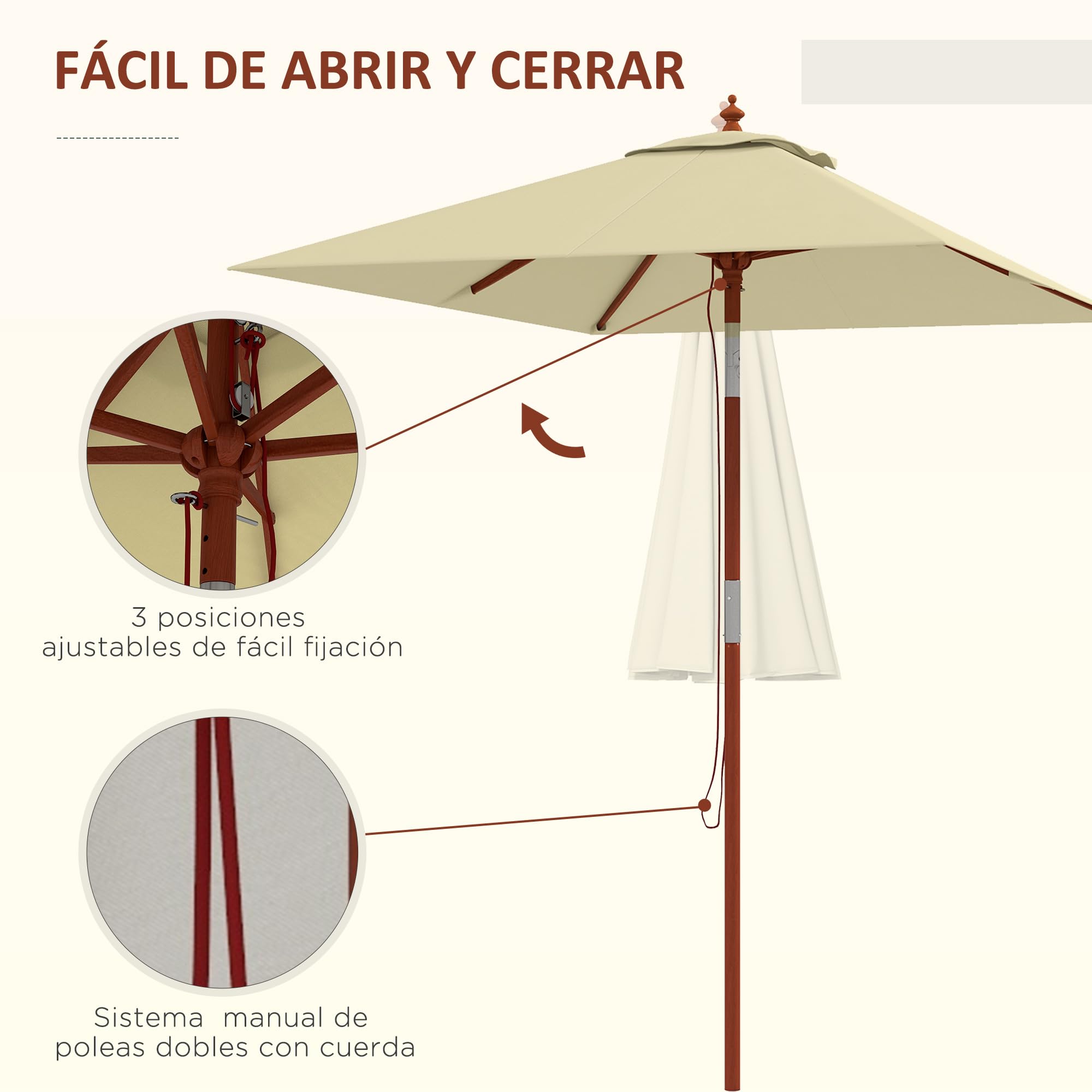 Outsunny Sombrilla Terraza Exterior 200x150 cm Sombrilla de Jardín Rectangular con Ángulo Ajustable Mástil de Madera y Manivela Parasol para Patio Terraza