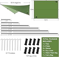 Vista 6 de AYAMAYA - Lona de campamento con postes – Lonas de gran tamaño de 10 x 15 pies – Toldo impermeable para hamaca toldos, toldo para lluvia, mosca