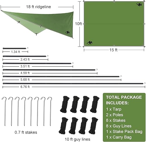 Miniatura 6 de AYAMAYA - Lona de campamento con postes  Lonas de gran tamaño de 10 x 15 pies  Toldo impermeable para hamaca toldos, toldo para lluvia, mosca,