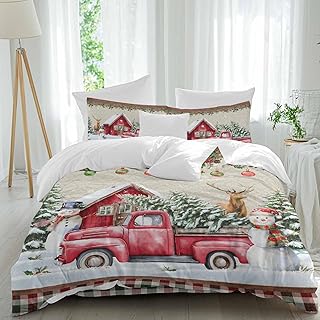 Christmas Comforter Set Twin Size, Snowman Truck Farm Elk Snowflakes Winter Soft Bedding Set for Man Woman, 4 Pieces Duvet Cover Set with Fitted Sheet, 2 Pillowcases