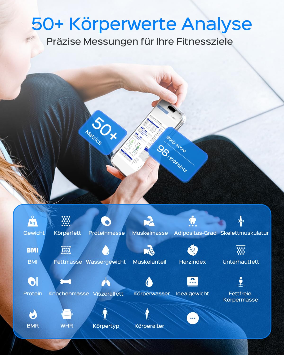 Pèse-personne numérique avec capteurs manuels et analyse de la graisse corporelle avec 8 électrodes pour la graisse corporelle et la masse musculaire, IMC et 28 lectures corporelles, 180 kg