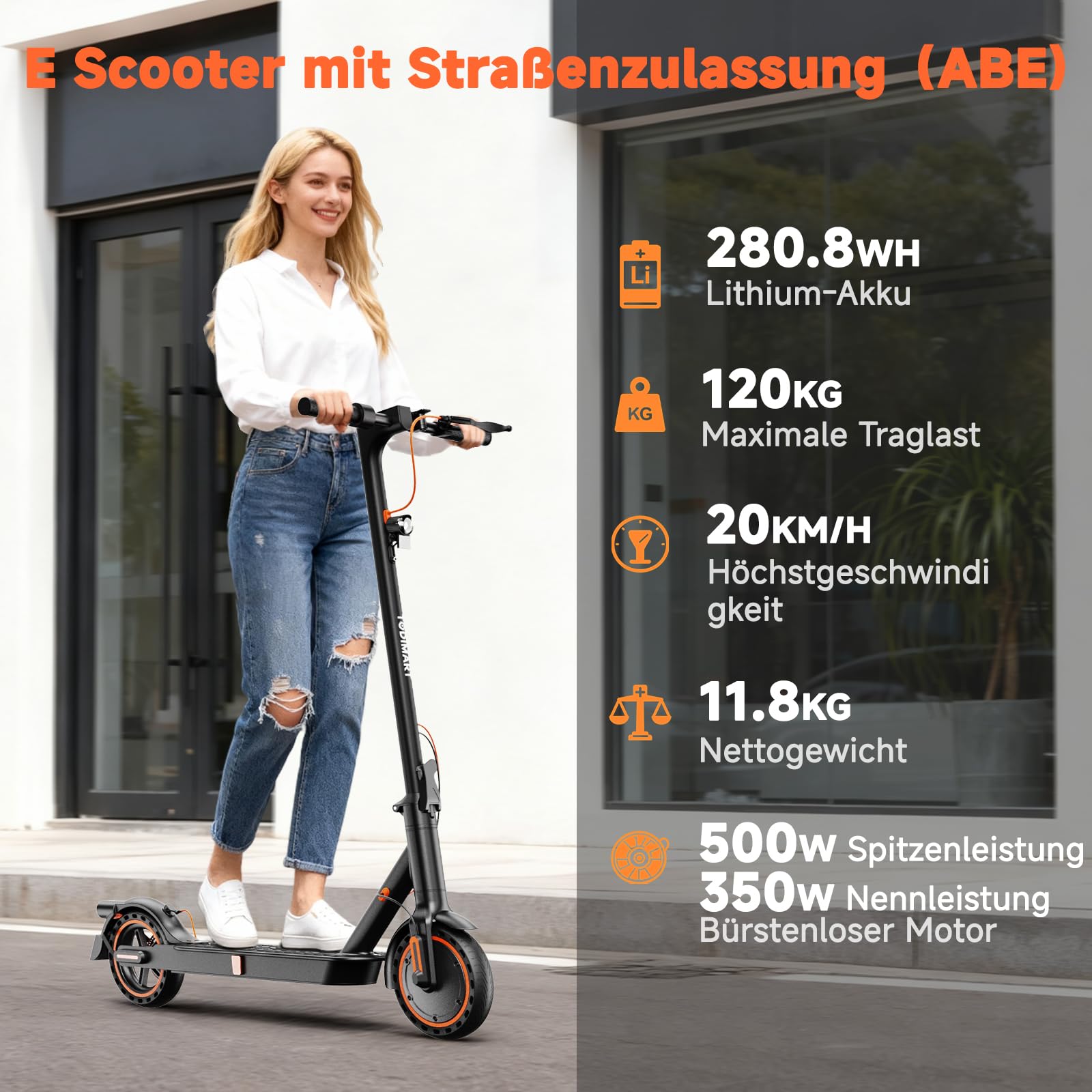 TODIMART E-Scooter mit Straßenzulassung, 500W Motor, klappbar | Klappbares Design App-Steuerung 20 km/h Höchstgeschwindigkeit 8,5-Zoll-Vollgummireifen Tempomat