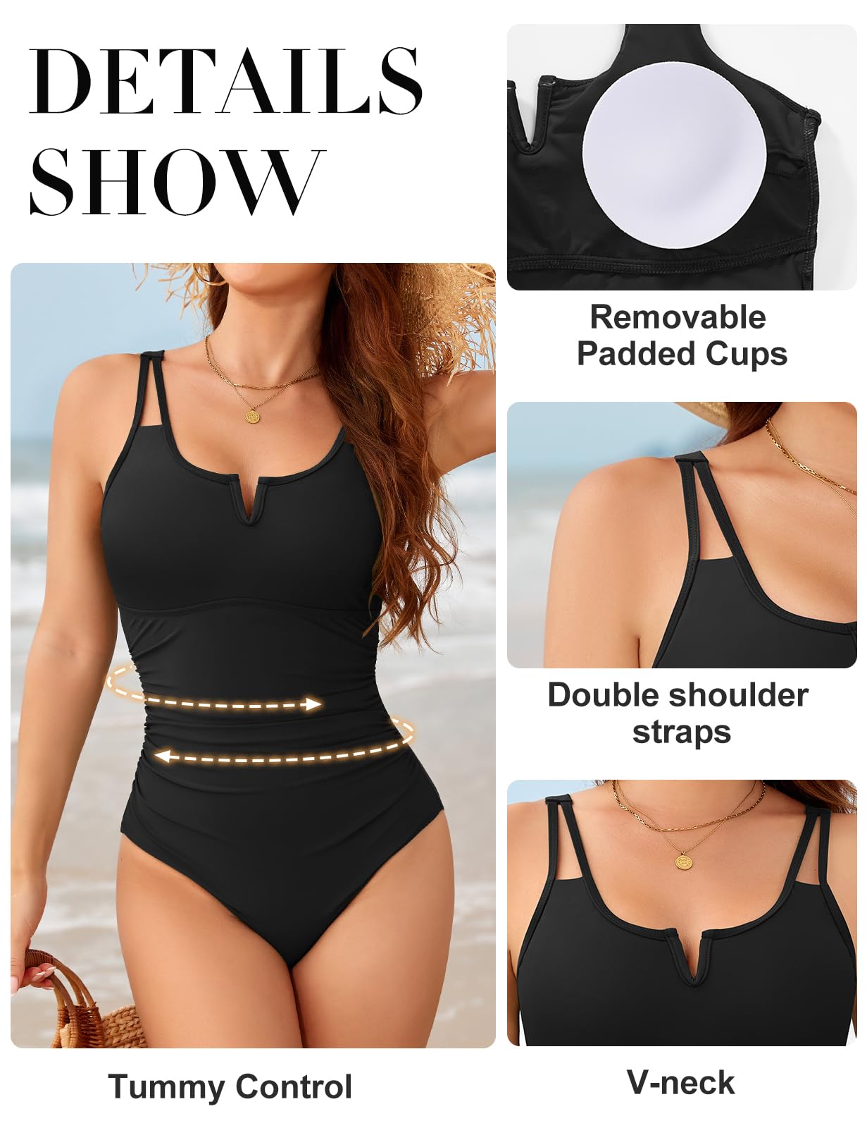 Nadeer Maillot de Bain Femme 1 Pieces Elégant Monokini Push Up Maillot Une Pièce Modeste Haut Taille Contrôle du Ventre Slim Swimsuit Piscine de Plage Swimwear
