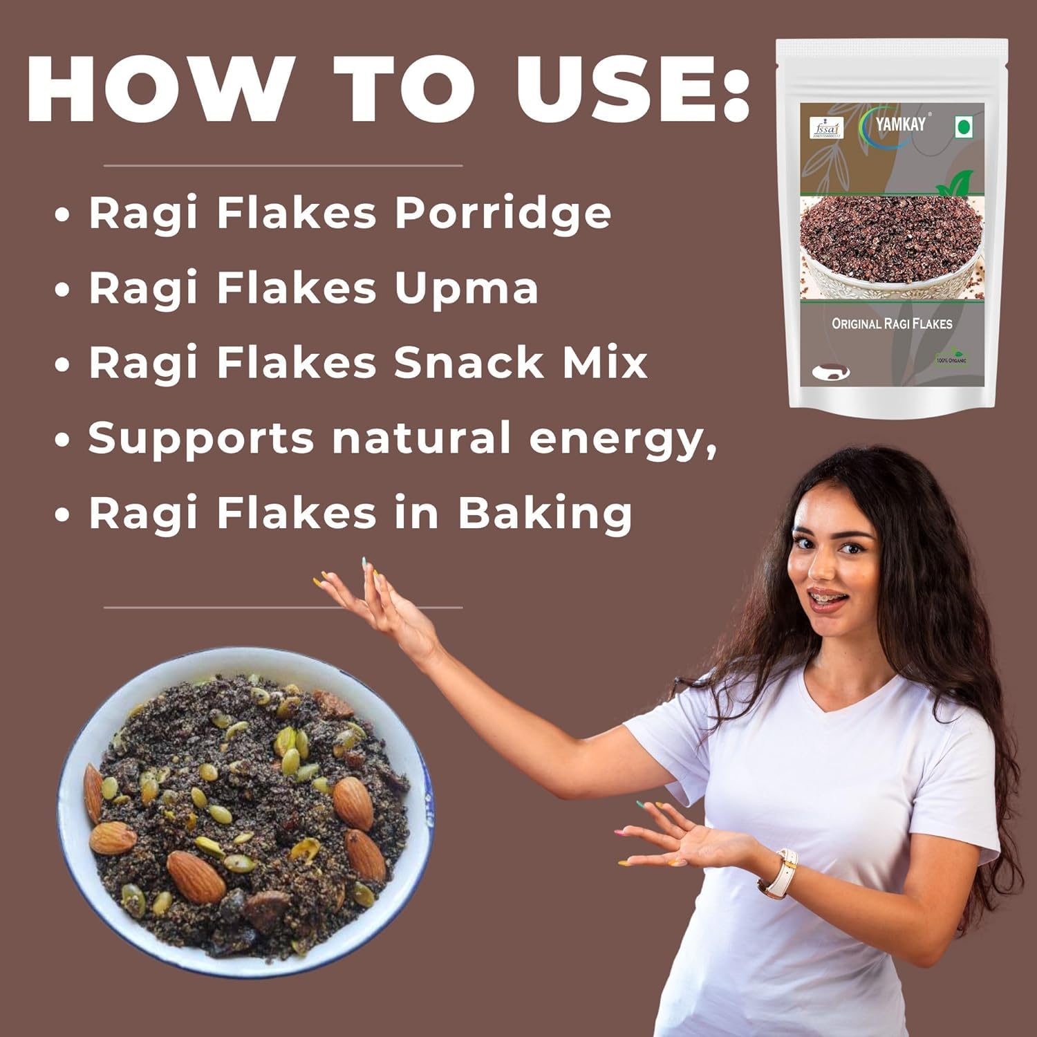 Yamkay Original Ragi Flakes -Sugar Free | Finger Millet | Healthy Breakfast Millet | Gluten-Free | High-Fibre Food (700 GM, Ragi Flakes)