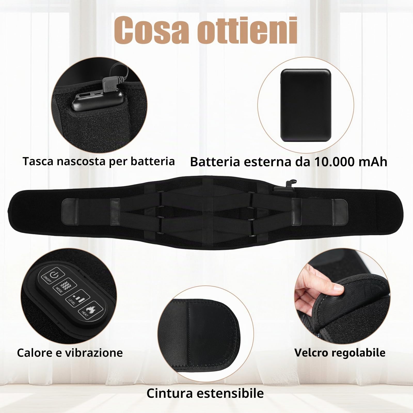 Cintura termica massaggiante per schiena con batteria 10000 mAh, cinghia regolabile fino a 150 cm, 3 modalità e 3 intensità, con timer