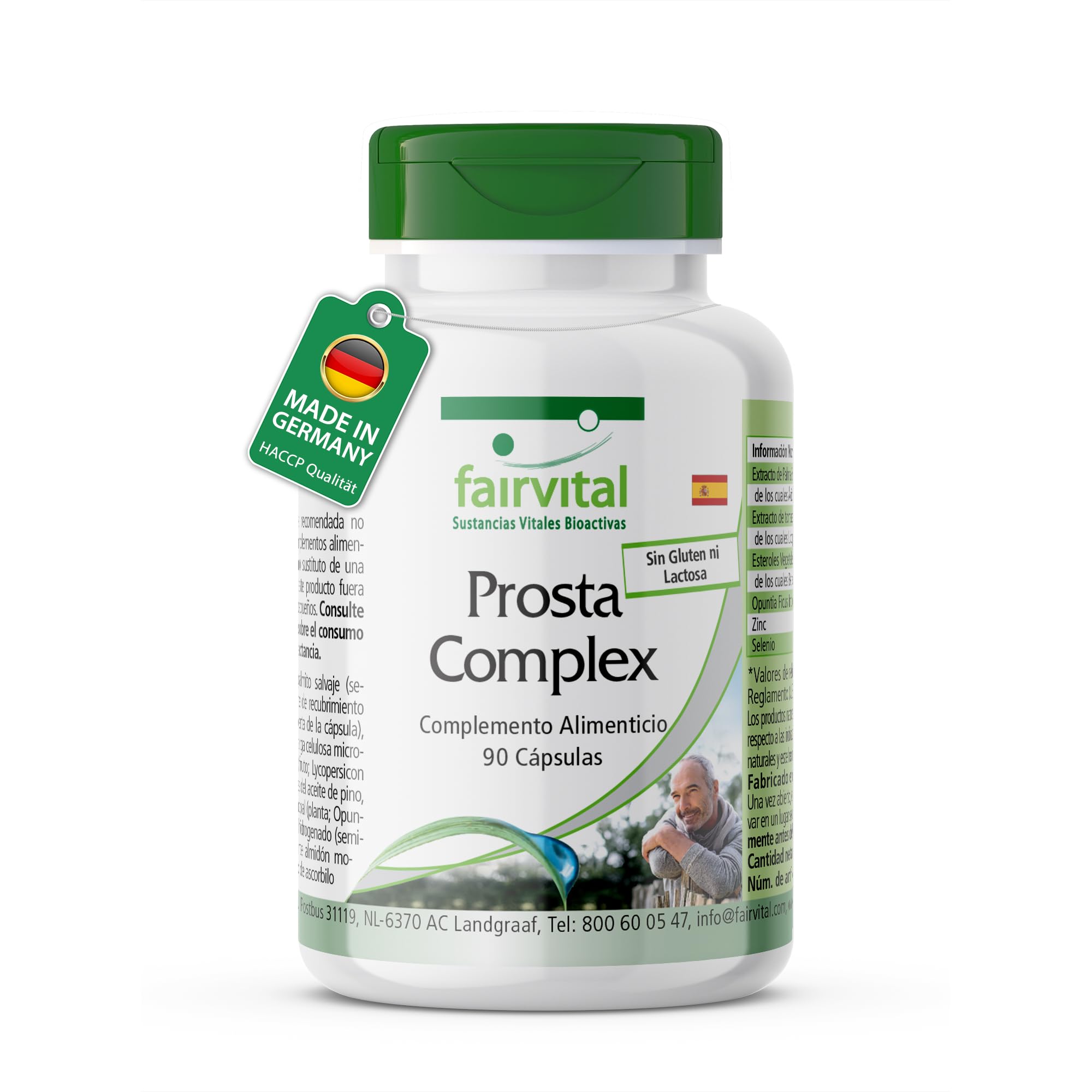 fairvital Prosta Komplex, VEGANO, ALTA DOSIS, 90 cápsulas, con selenio, zinc, palma enana americana, licopeno, beta-sitosterol y opuntia