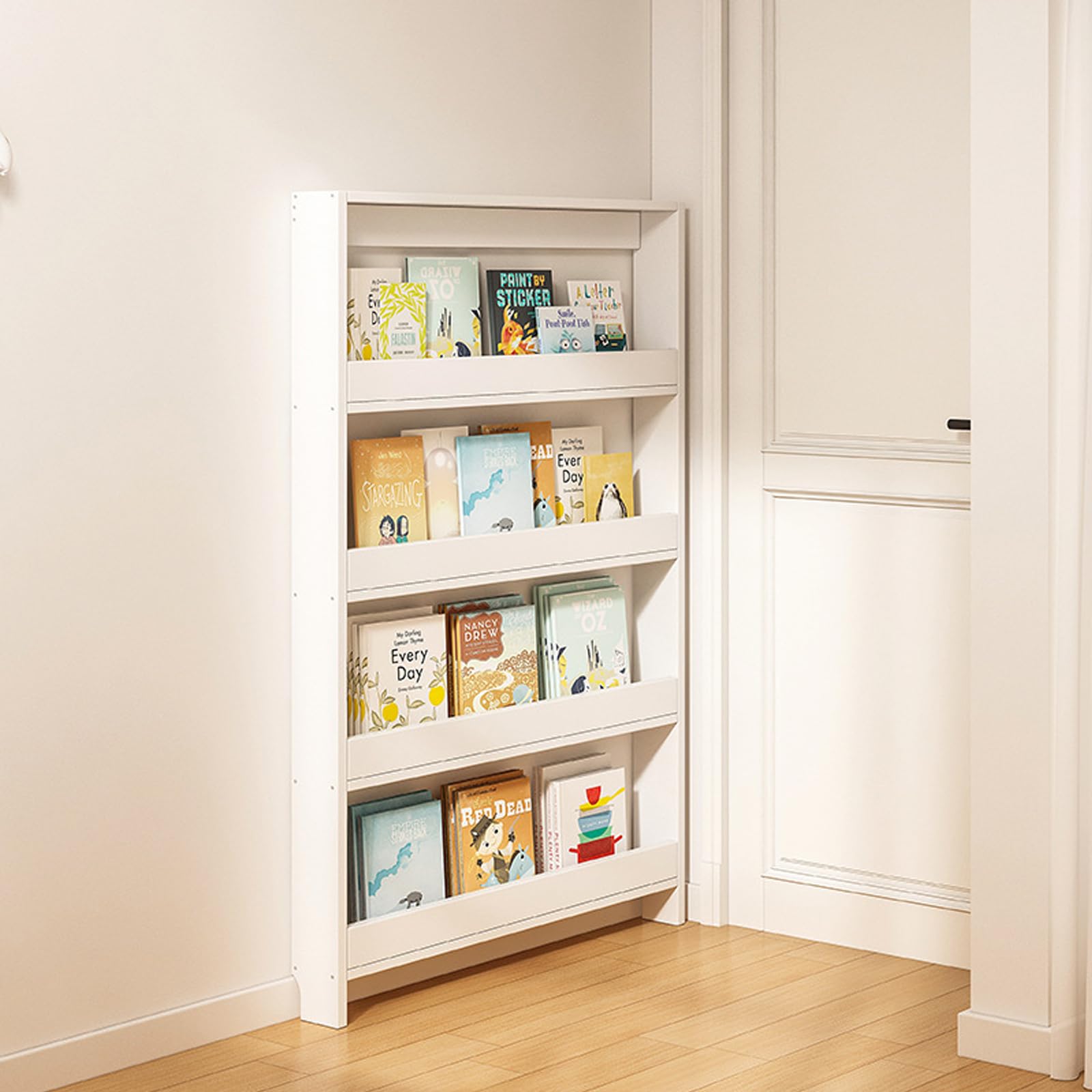 Libreria Stretta Dietro la Porta Libreria Ultrasottile in Legno Massello da Posizionare Dietro le ante con Maggiore Spazio tra i Ripiani e Design a Deflettore Adatta per l'uso Dietro le ant A款 23.6in