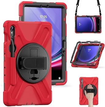 Shockproof Case for Samsung Galaxy Tab S9 11 2023/S8 2022/S7 2020, 360 Rotatable Handle/Stand with Detachable Shoulder Strap/S Pen Holder Heavy Duty Rugged Red