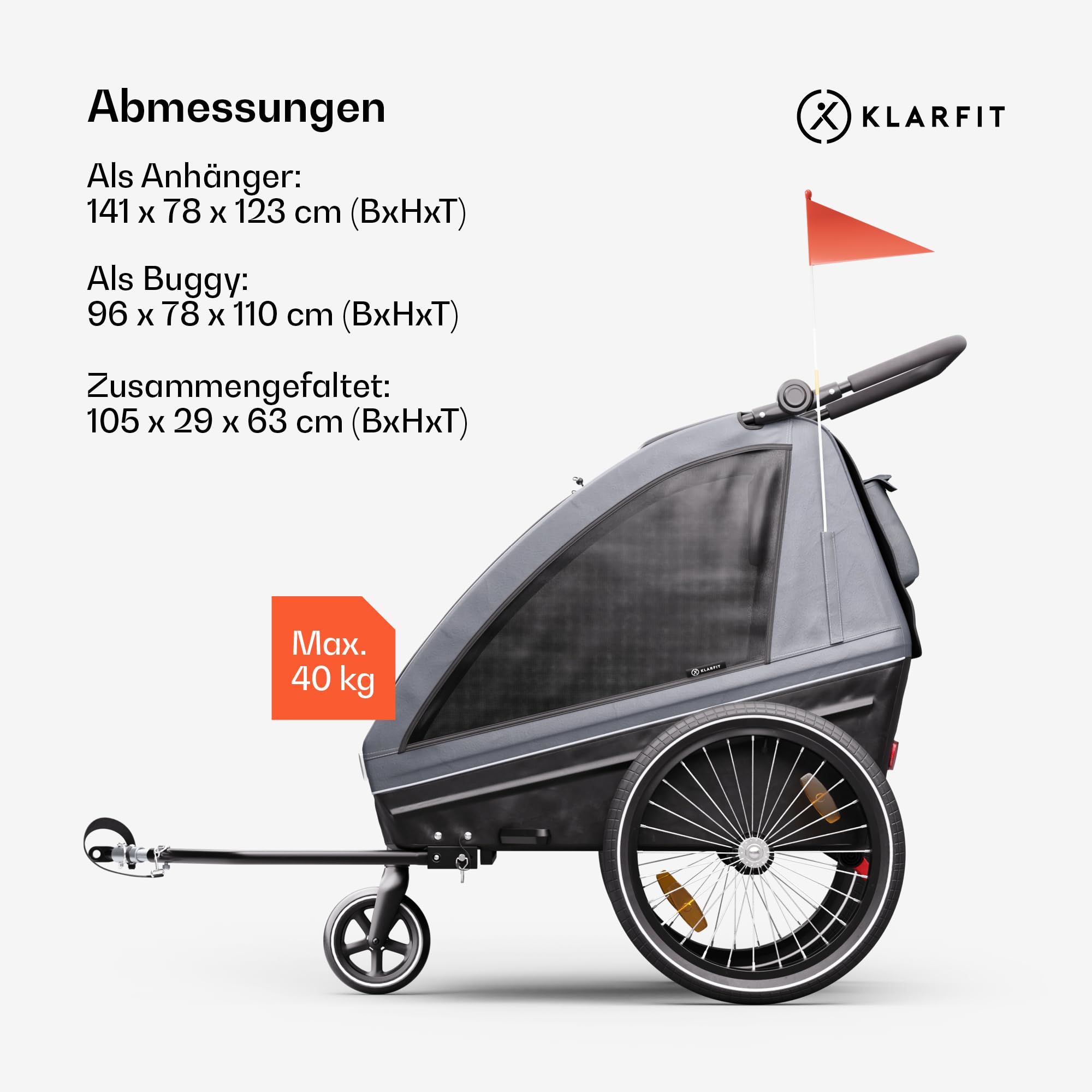 Klarfit GoKiddo Fahrradanhänger 2 Kinder - 2-in-1 Fahrradanhänger & Buggy mit Bremsen, Sicherheitsgurten, Verstellbaren Sitzen, 40kg Kapazität, Regen & UV Schutz, Zusammenklappbar, Dunkelgrau