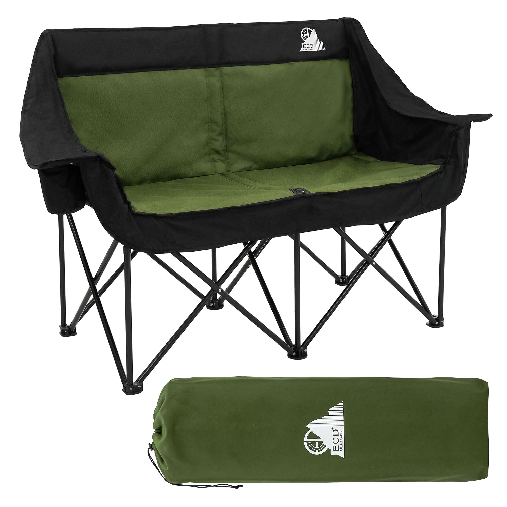 ECD Germany Podwójny Fotel Campingowy Khaki, Krzeslo Outdoor 2 Osobowe z Metalowa Konstrukcja, Skladana Sofa Turystyczna z Uchwytami na Napoje i Torba, Wyscielane Siedzisko na Camping i Wedkowanie