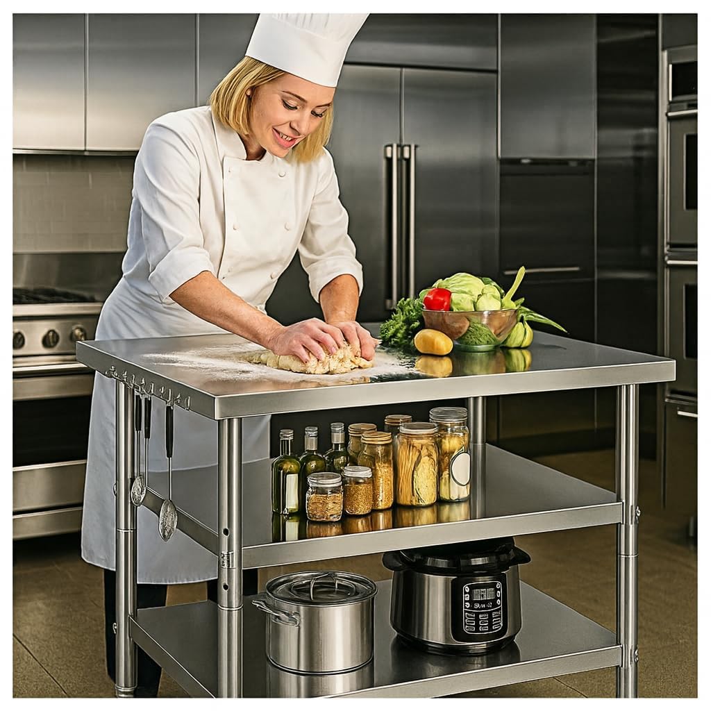 Stainless Steel Table with Wheels for Food Preparation and Work, Multi-Size Optional, Three-Layer Variable Two-Layer Metal Commercial Workbench Outdoor, Restaurant, Kitchen