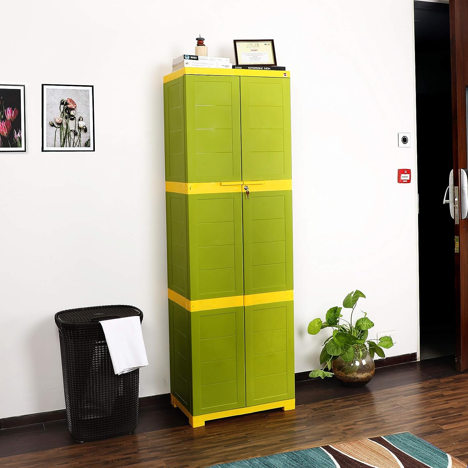 Cello Novelty Large Multipurpose Plastic Cupboard with Lock, Green & Yellow | 6-Shelf Modular Cupboard | Space-Saving Wardrobe For Living Room & Bedroom | 3 Years Warranty on Manufacturing defects