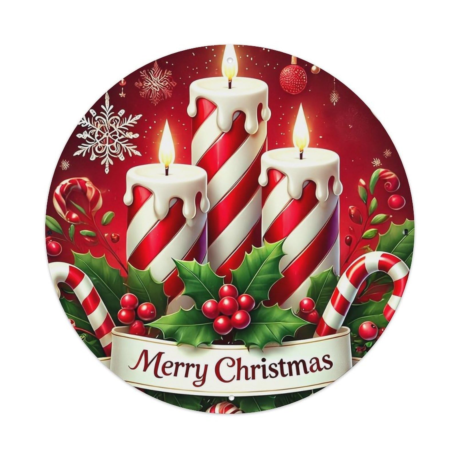 Candy Cane Stripes And Holly Round Metal Tin Sign Vintage Wall Decor, Bar Garage Cafe Kitchen Home Wall Art Poster 8x8inches