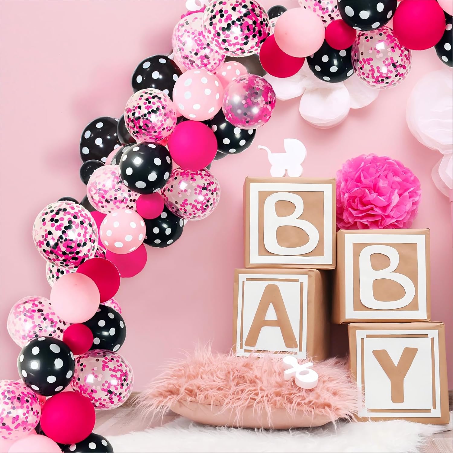117 Pcs Pink Black Polka Dot Balloon Garland Arch Kit, 12 10 5 Inch Pink Black Latex Polka Dot Confetti Balloons for Girl Cartoon Mouse Baby Shower Birthday Party Decoration image 5