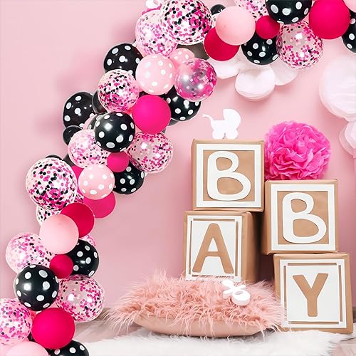 Miniatura 5 de Kit de arco de guirnalda de globos de ratón de 117 piezas, globos de lunares rosas y negros con puntos de pegamento de tira de guirnalda para