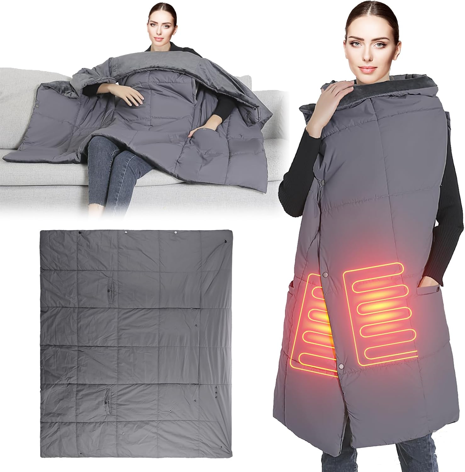 iMounTEK Electric Throw Blanket USB Heated Blanket Electric Heated Poncho Shawl Wrap Throw w/Zipper Arm Holes Pocket 3 Heating Level 6 Zones Dual Switch Machine Washable for Home Outdoor/Grey(Medium)