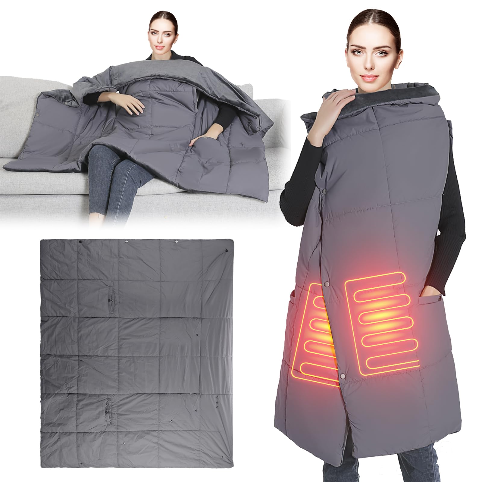 iMounTEK Electric Throw Blanket USB Heated Blanket Electric Heated Poncho Shawl Wrap Throw w/Zipper Arm Holes Pocket 3 Heating Level 6 Zones Dual Switch Machine Washable for Home Outdoor/Grey(Medium)