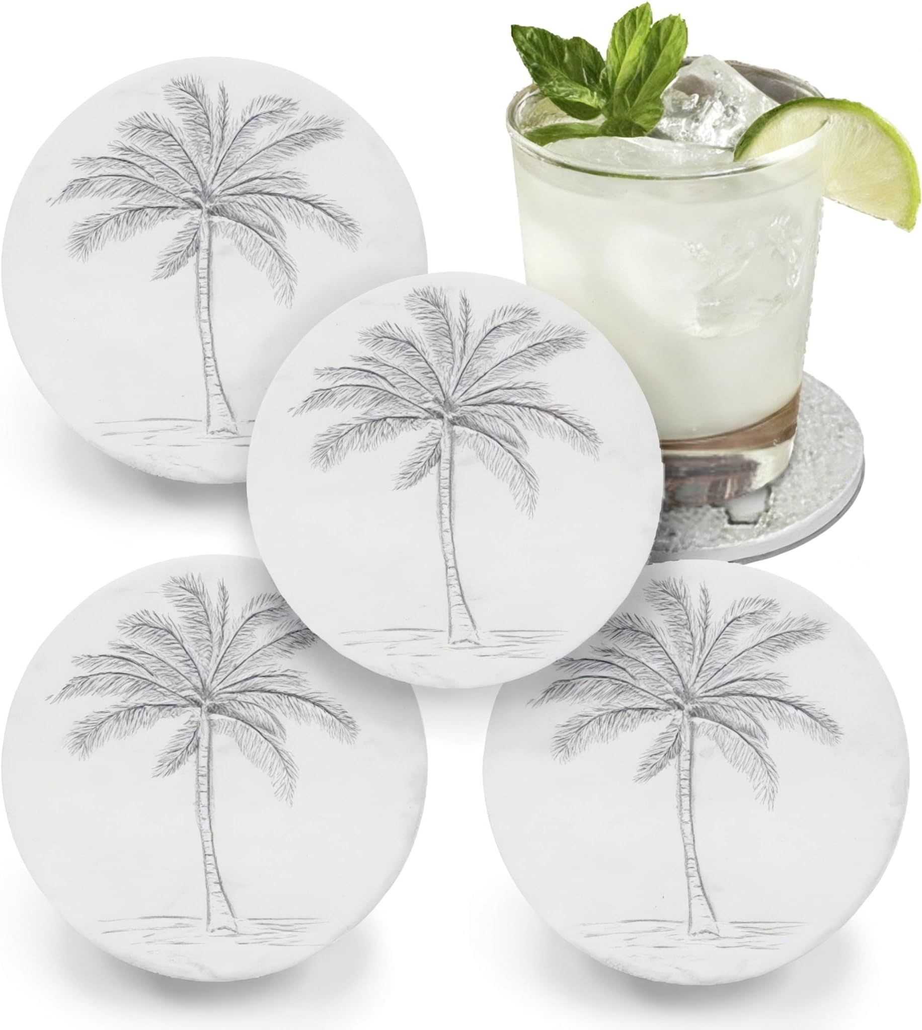 Palm Tree Coasters Set of 4 Absorbent Stone Coasters w/Cork Backing - Drink Coaster Absorbent Coaster for Drinks - Made in USA