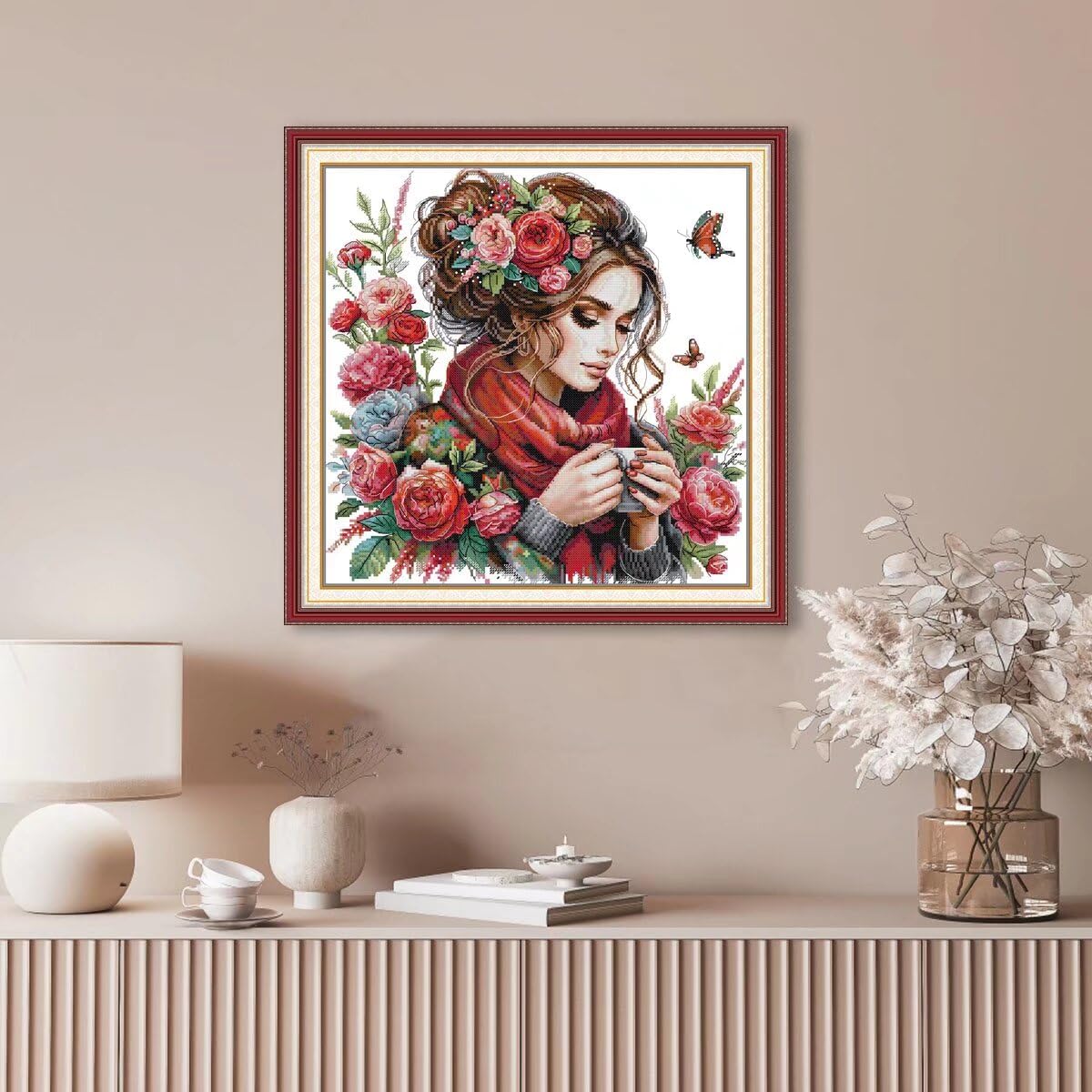 CROSSDECOR Stamped Cross Stitch Kits for Adults Printed Cross-Stitch Supplies 14CT 2 Strands Needlepoint Kits for Beginners DIY Embroidery Kit Festal Crafts-Beauty 40×40 cm