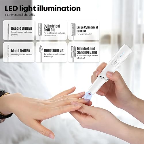 Miniatura 2 de Taladro de uñas eléctrico, limas de uñas profesionales recargables con broca de uñas de cerámica para gel de uñas acrílico, 15000 rpm, 4 velocidades