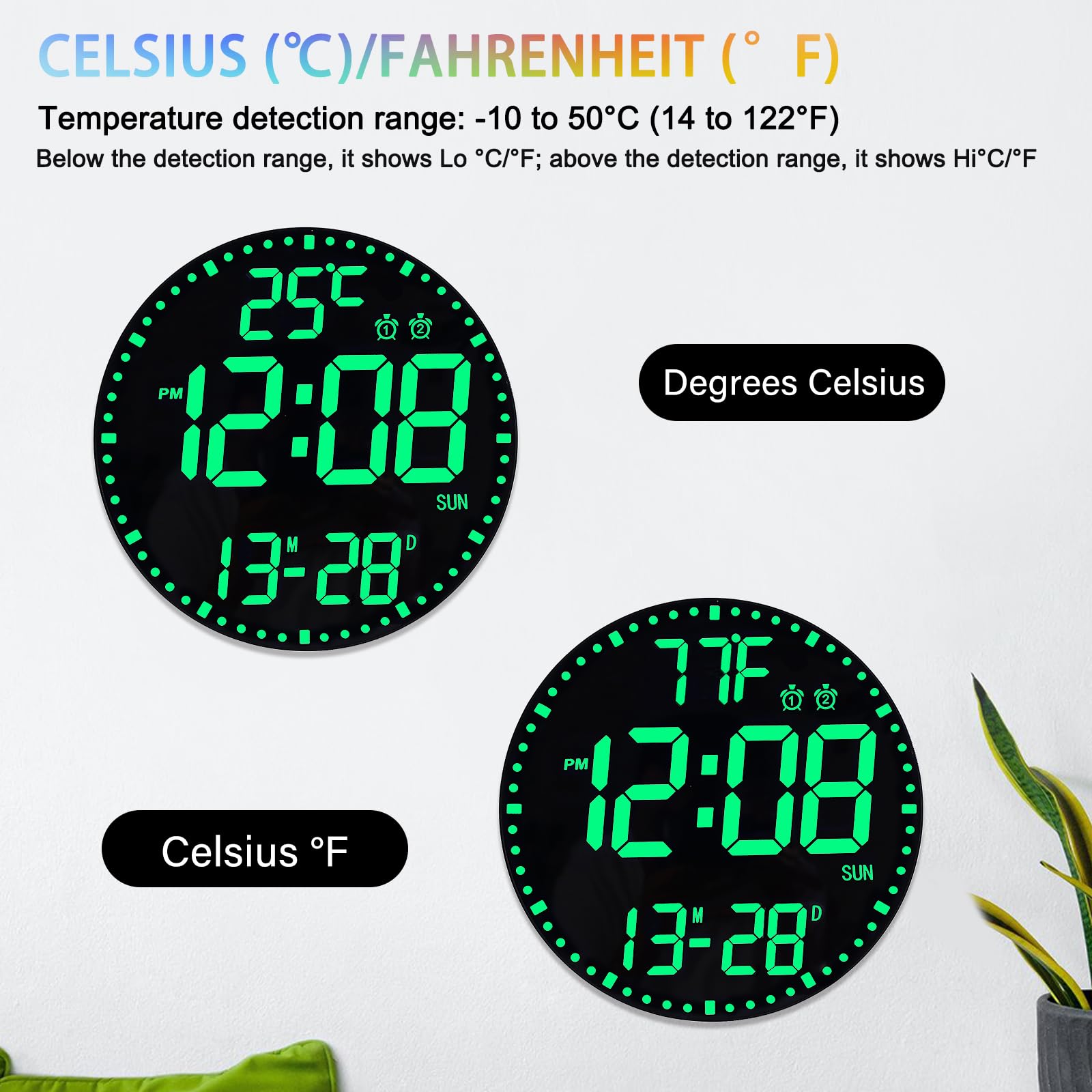 SUNOYA Horloge murale numérique, 30,5 cm, avec veilleuse, alarme, télécommande, 12 couleurs RVB, horloge LED, luminosité automatique, affichage de la température, horloge numérique pour chambre à