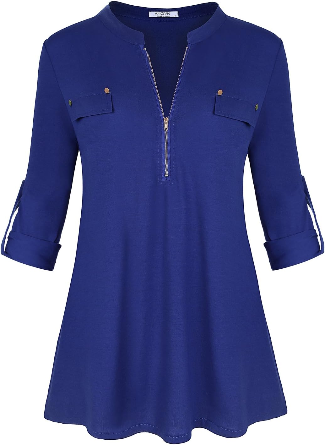 Ya Ya Hood Womens Split V-Neck 3/4 Roll-Up Sleeve Zip Up Casual Shirt Blouse Top (Blue, X-Large)