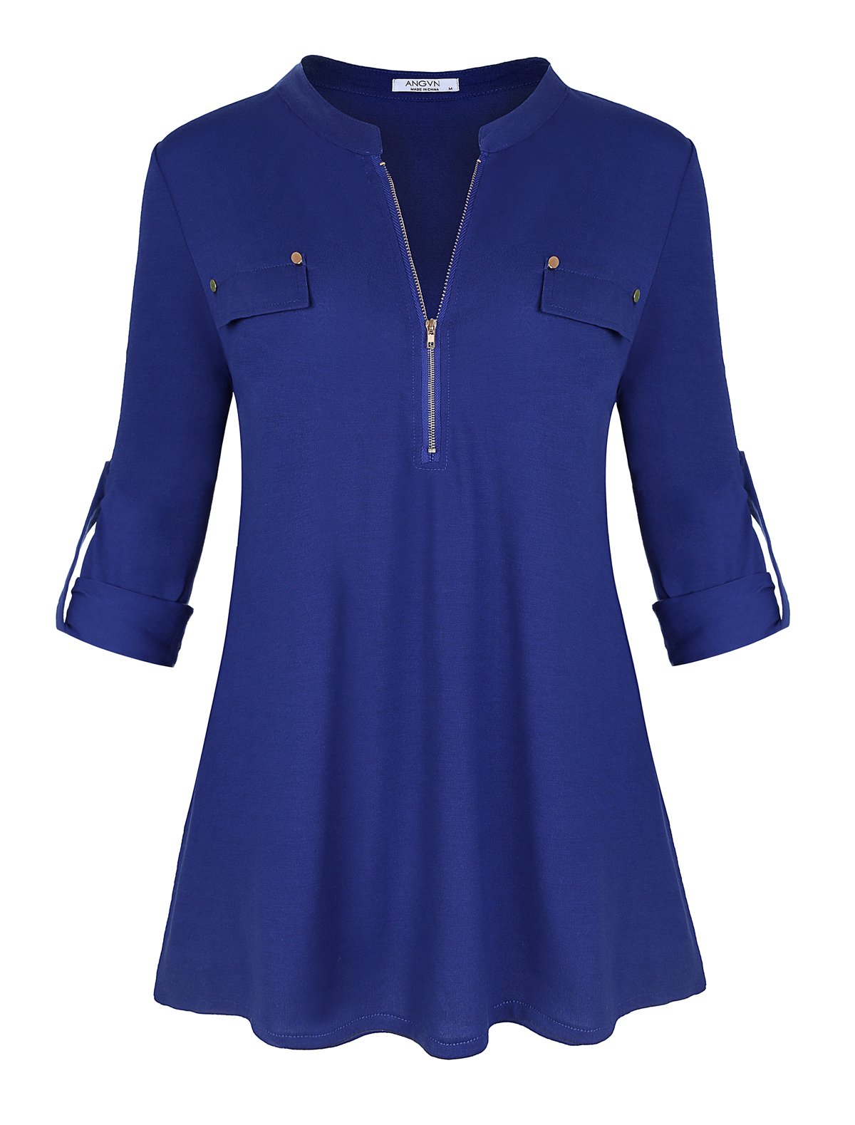 Ya Ya Hood Womens Split V-Neck 3/4 Roll-Up Sleeve Zip Up Casual Shirt Blouse Top (Blue, X-Large)