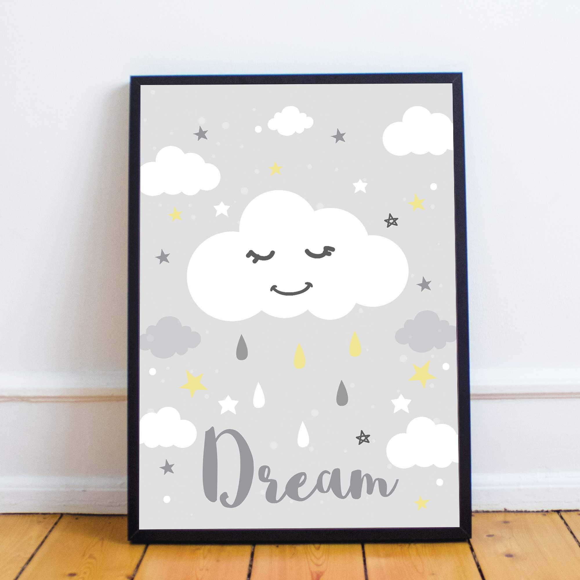 RED OCEAN Grey Nursery Prints/Baby Room Nursery Wall Art/Childrens Bedroom Decor/Baby Boy Girl Gifts (A4 Print with Black Frame - Dream Moon Grey)