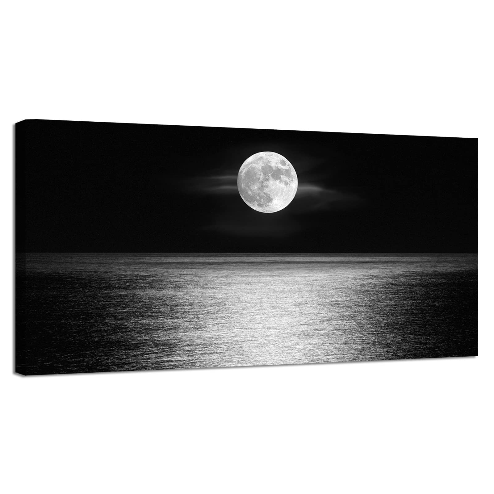 LZIMU Black and White Full Moon Canvas Prints Wall Art - Night Pictures Nature Wall Art Landscape Paintings Modern Home Decor Framed (Moon-4, 8"x16" (20x40cm))