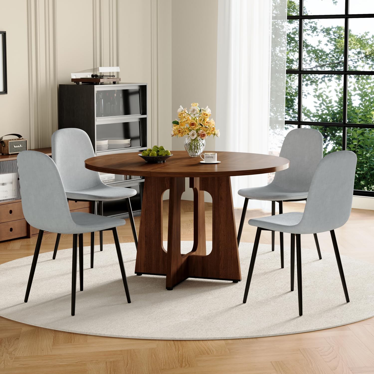 47" Round Dining Table Set for 4, Walnut Wood Grain Table and 4 Chairs Set