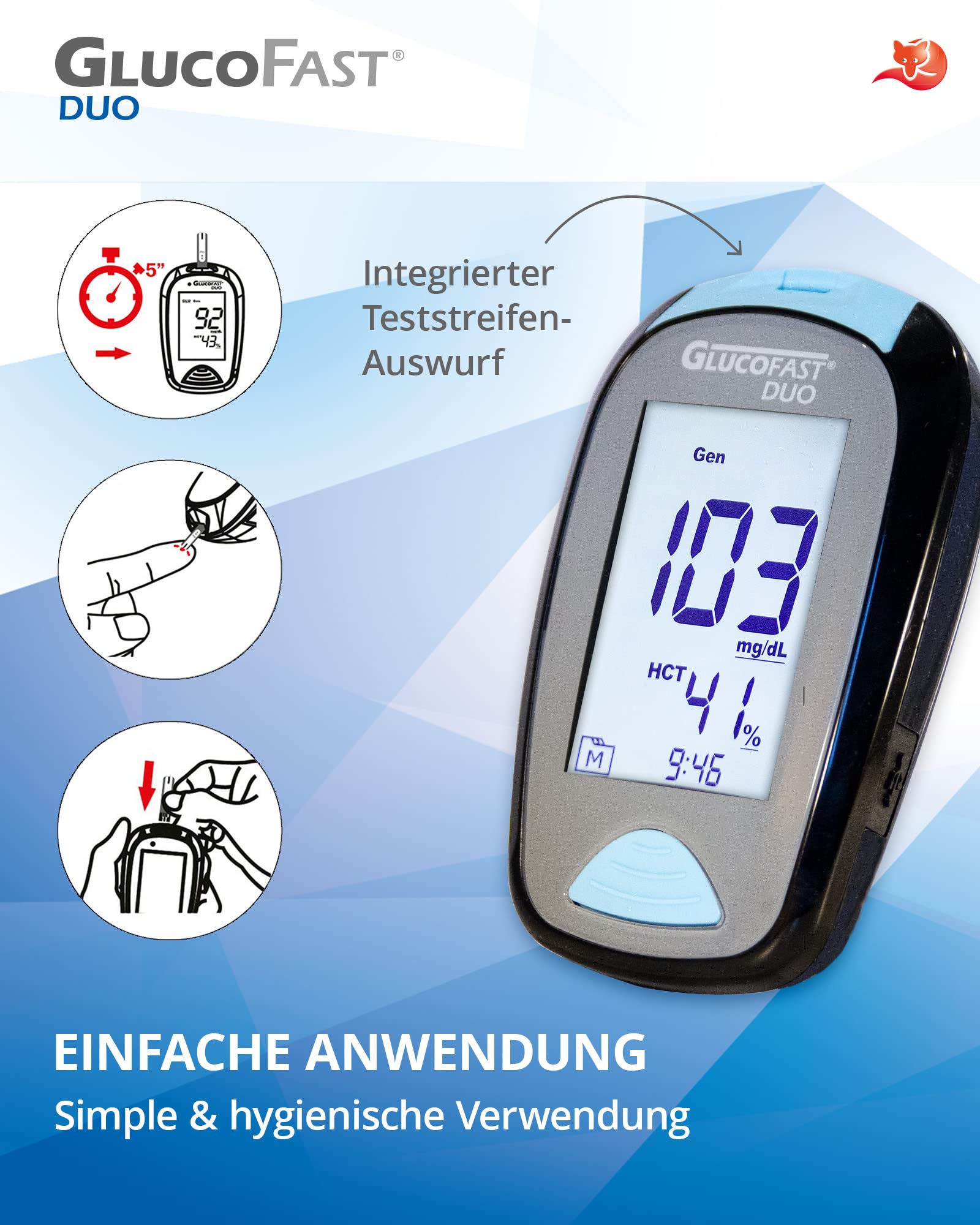 Duo Blutzuckermessgerät (mg/dL) Set mit 60 Teststreifen & 10 Lanzetten | Zertifiziertes Diabetes-Messsystem mit hoher Genauigkeit | Leichte Anwendung