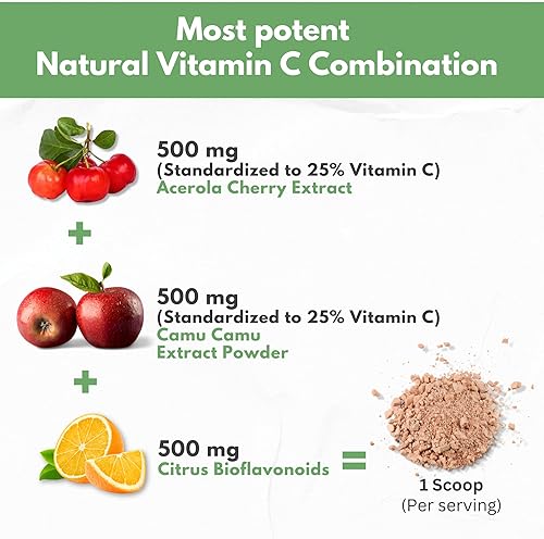 Miniatura 4 de Vitamina C natural de Acerola orgánica cereza y Camu Camu en polvo  Alta absorción con bioflavonoides cítricos  Sistema inmunológico y refuerzo de