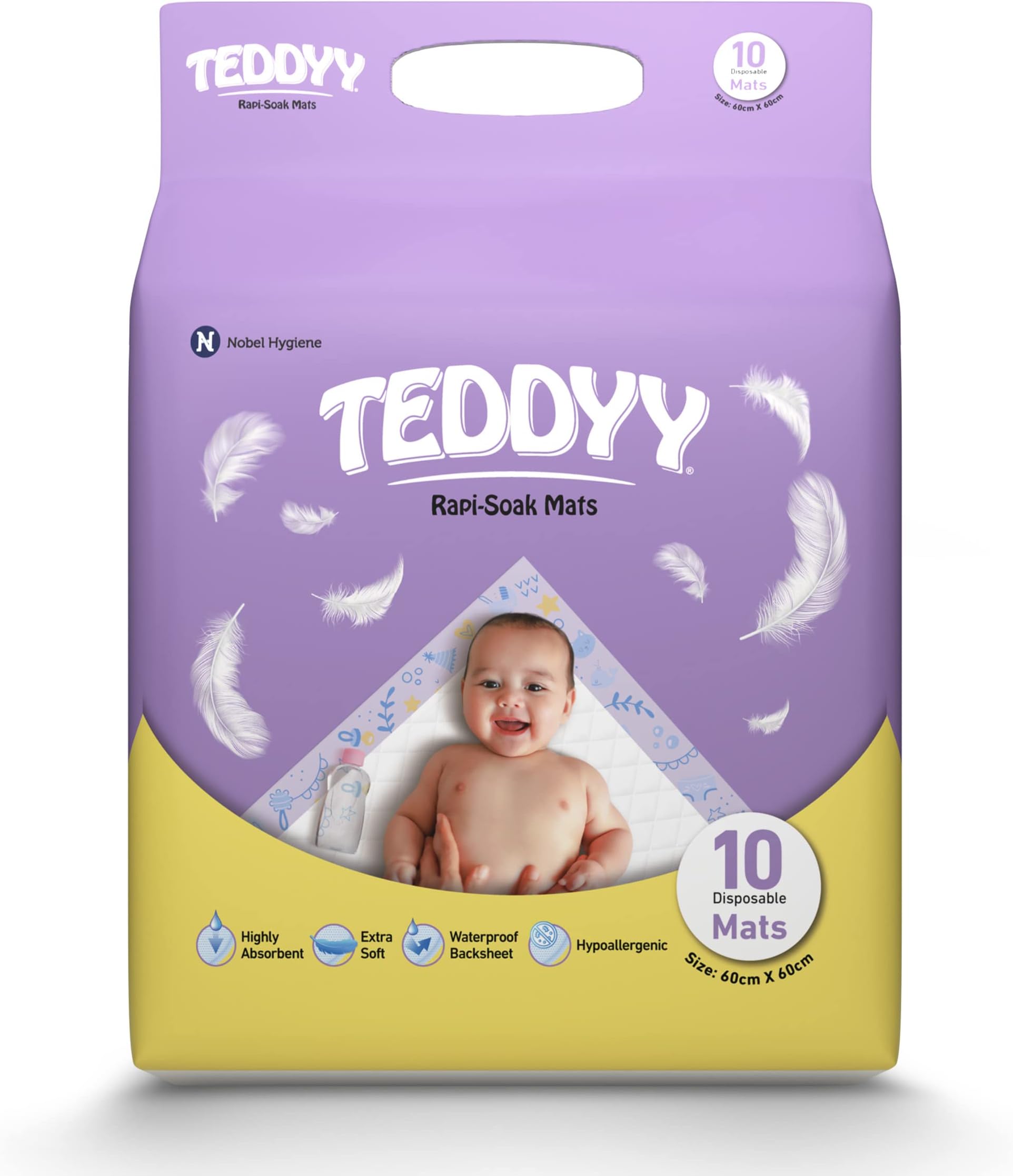 Baby Disposable Rapi-Soak Changing Mats Size - 60 X 60 Cm | 10 Count | Highly Absorbent | Unisex | Anti-Rash | Extra Soft top layer | Anti-Bacterial & Leak- Proof