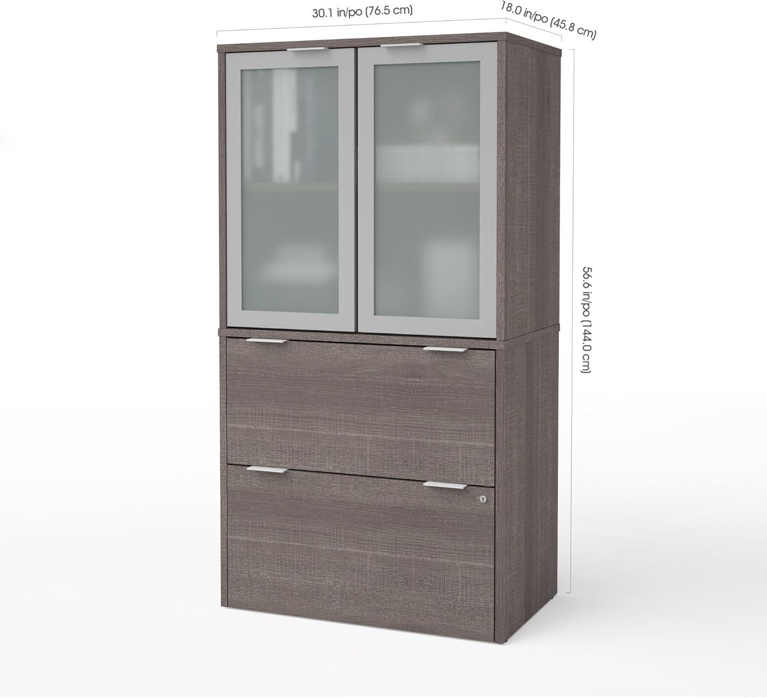 Bestar i3 Plus 31W Lateral File Cabinet with Frosted Glass Doors Hutch in bark Grey