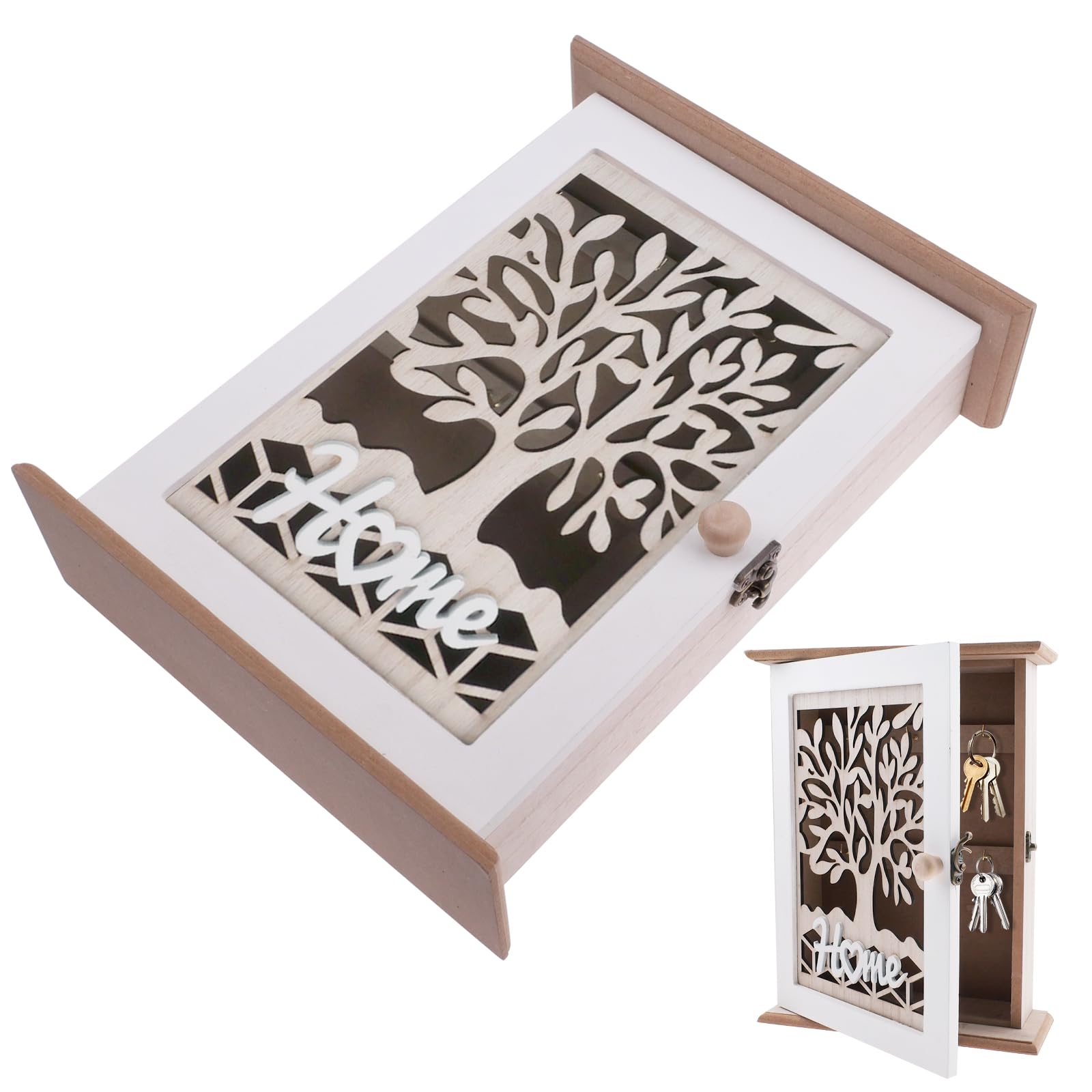 Caja De Llaves Pared De Madera Caja para Llaves Armario Llaves Pared para Hogar Recibidores Entrada, Pasillo, Dormitorio, 6 Ganchos, Blanco, 22 X 7 X 28,5 Cm