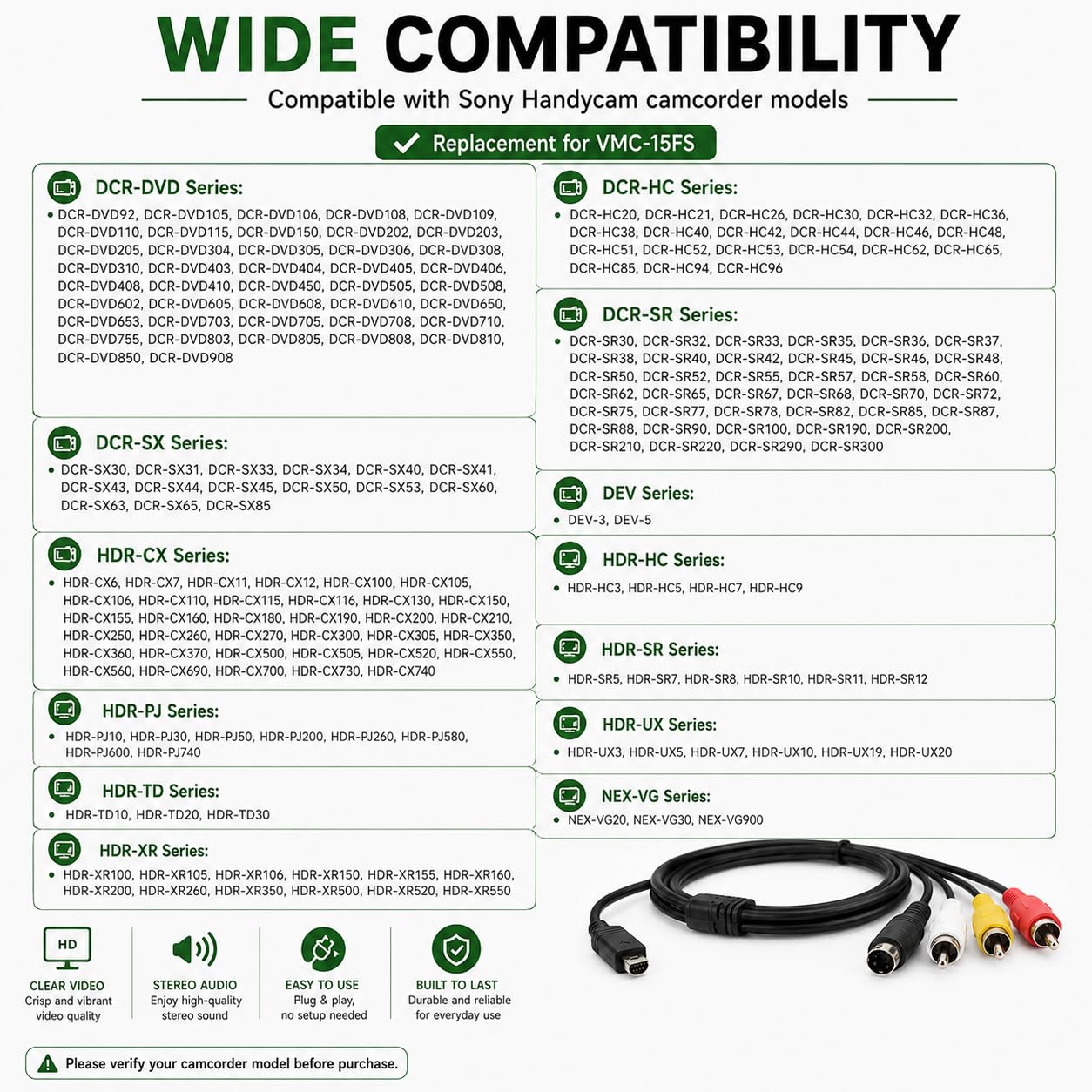 AAA PRODUCTS wysoka jakość - przewód telewizyjny do kamery Sony Handycam - AV/AUDIO VIDEO kabel łączący - zamiennik do VMC-15FS
