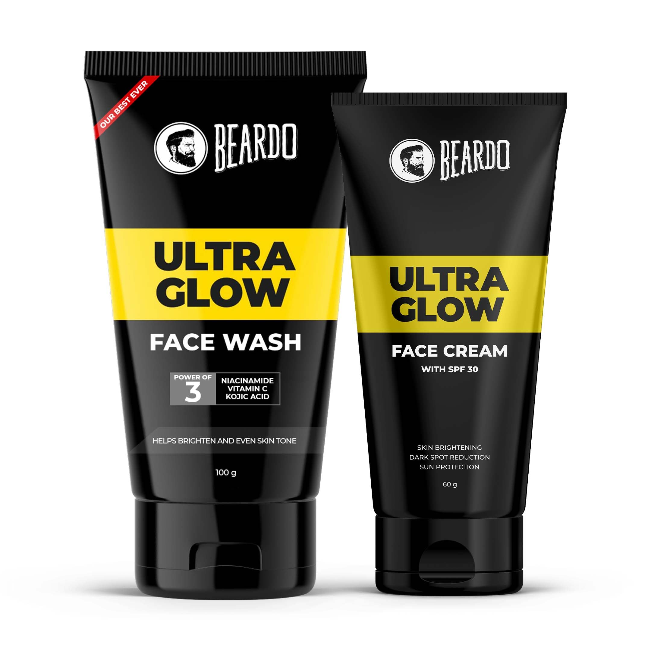 Beardo Ultra Glow Face Wash 100ml & Ultra Glow Face Cream with SPF 30, 60g | Powered by Niacinamide, Vitamin C & Kojic Acid for Visibly Bright Skin | Cleanses, Hydrates & Protects | For Men