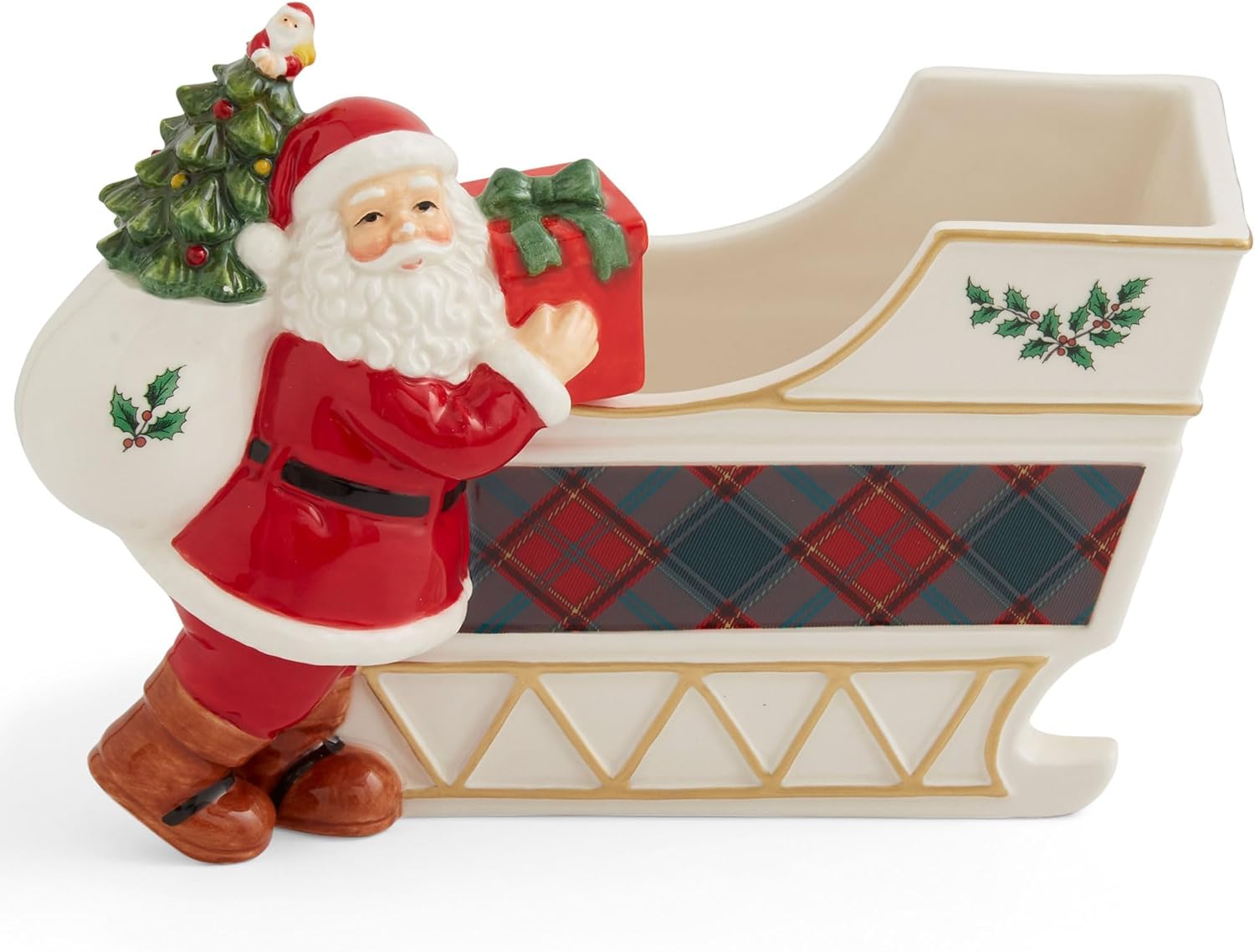 Spode Christmas Tree Santa Sleigh Candy Jar - 8-Inch Christmas Candy Storage Container - Fine Dolomite Figural Santa Sleigh Snack Jar for Holiday Decor, Dessert Tables, Gift Displays