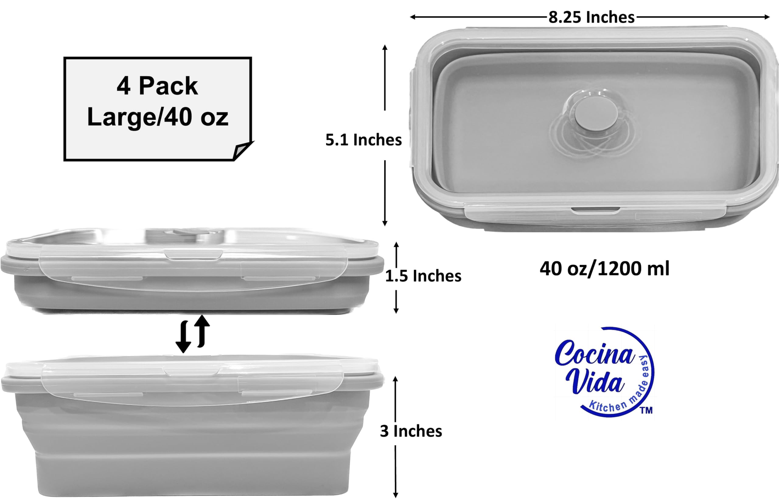 Lot de 4 boîtes de conservation alimentaires pliables en silicone avec couvercles hermétiques - Passent au micro-ondes/lave-vaisselle