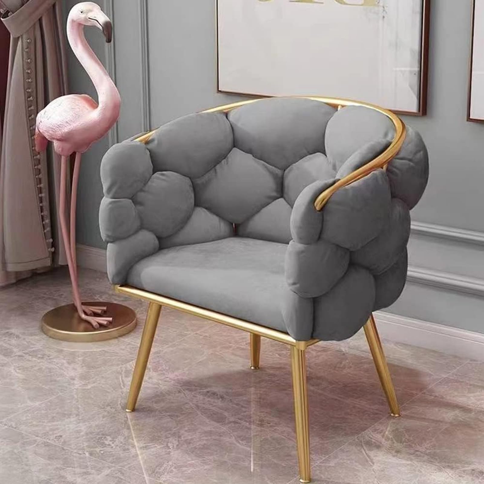 Silla Decorativa de Terciopelo, sillón para Dormitorio con Patas de Metal Dorado, Silla de Burbujas de Lujo Ligera, Silla tapizada Individual para salón, Cocina, Dormitorio,Gris