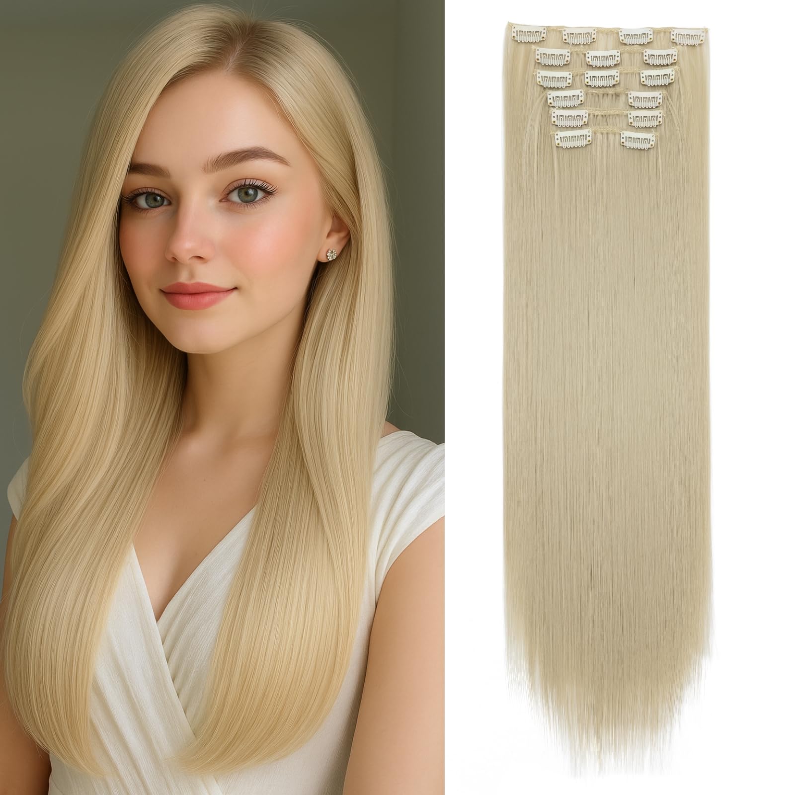 Benehair 24" Clip in Hair Extensions Full Head 6 Pcs 16 Clips Long Straight Hair Extensions Clip in Synthetic Fiber Natural Extension Medium Blonde Hairpiece for Women(Medium Blonde