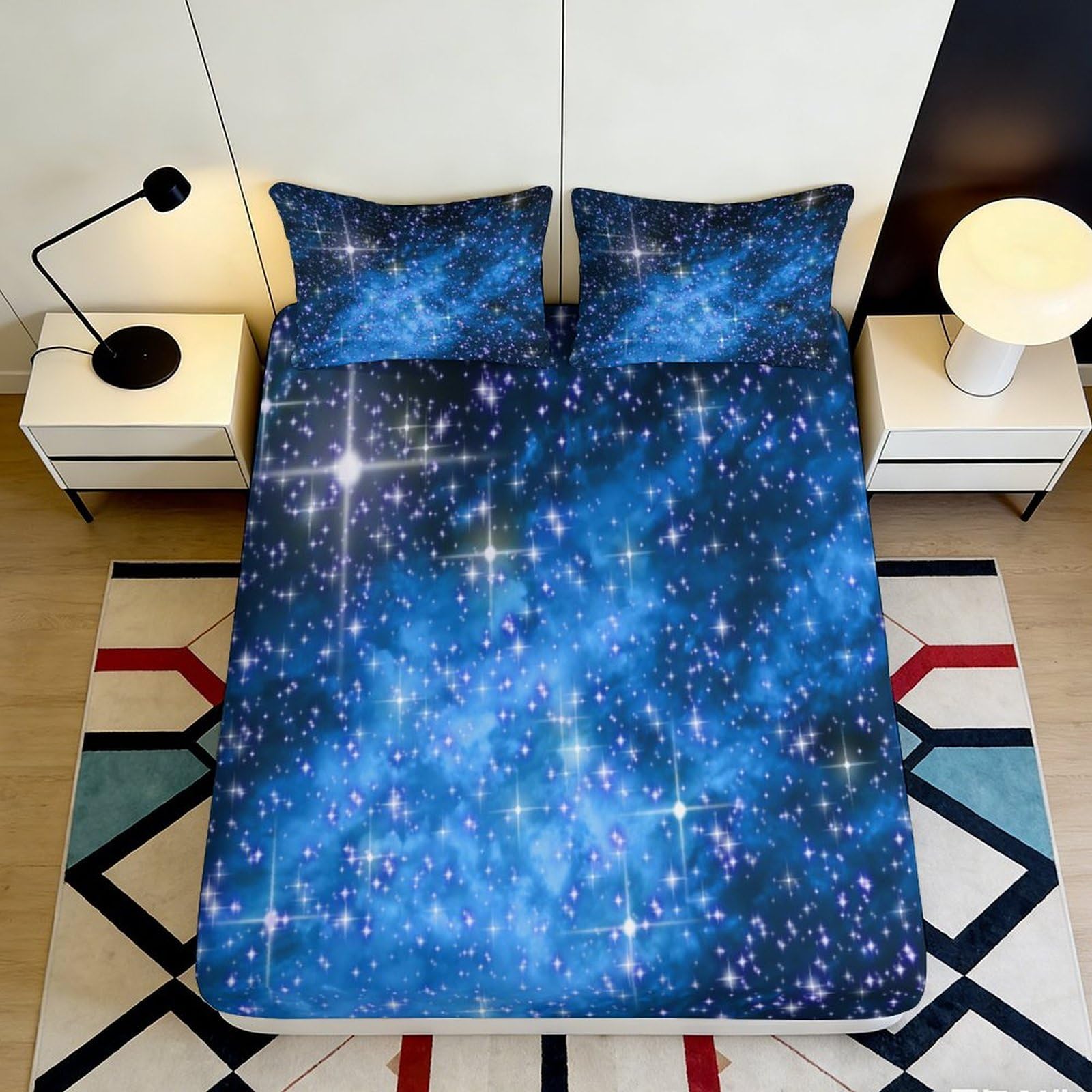 K1r3d9e5 Style-5 3D Printed Galaxy Starry Sky Fitted Sheet Microfiber Soft Blue Cosmic Nebula Mattress Cover Bedroom Decor 90X200x25cm