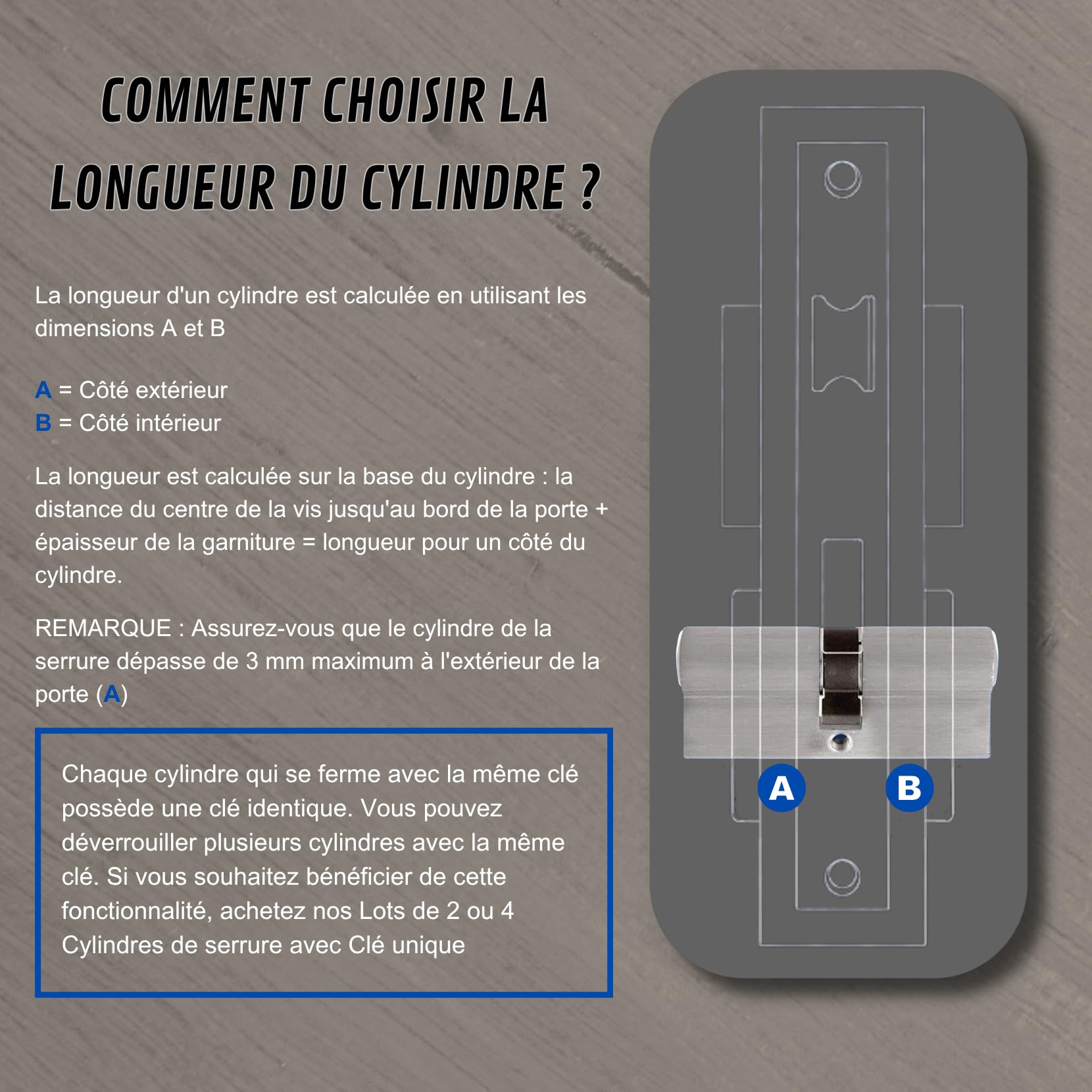 Lot de 2 Cylindres de Serrure en Laiton 30/30 mm avec Bouton, Vis et Clés incluses, Montage facile pour Portes et Garages, Clé unique, Longueur 60 mm