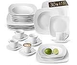 MALACASA 30-Piece Dinner Set for 6 People, Porcelain Plates and Bowls Set, Scratch-Resistant Ivory White Crockery with 6 Dinner/Dessert Plates/Soup Bowls/Cups & Saucers, Julia Series