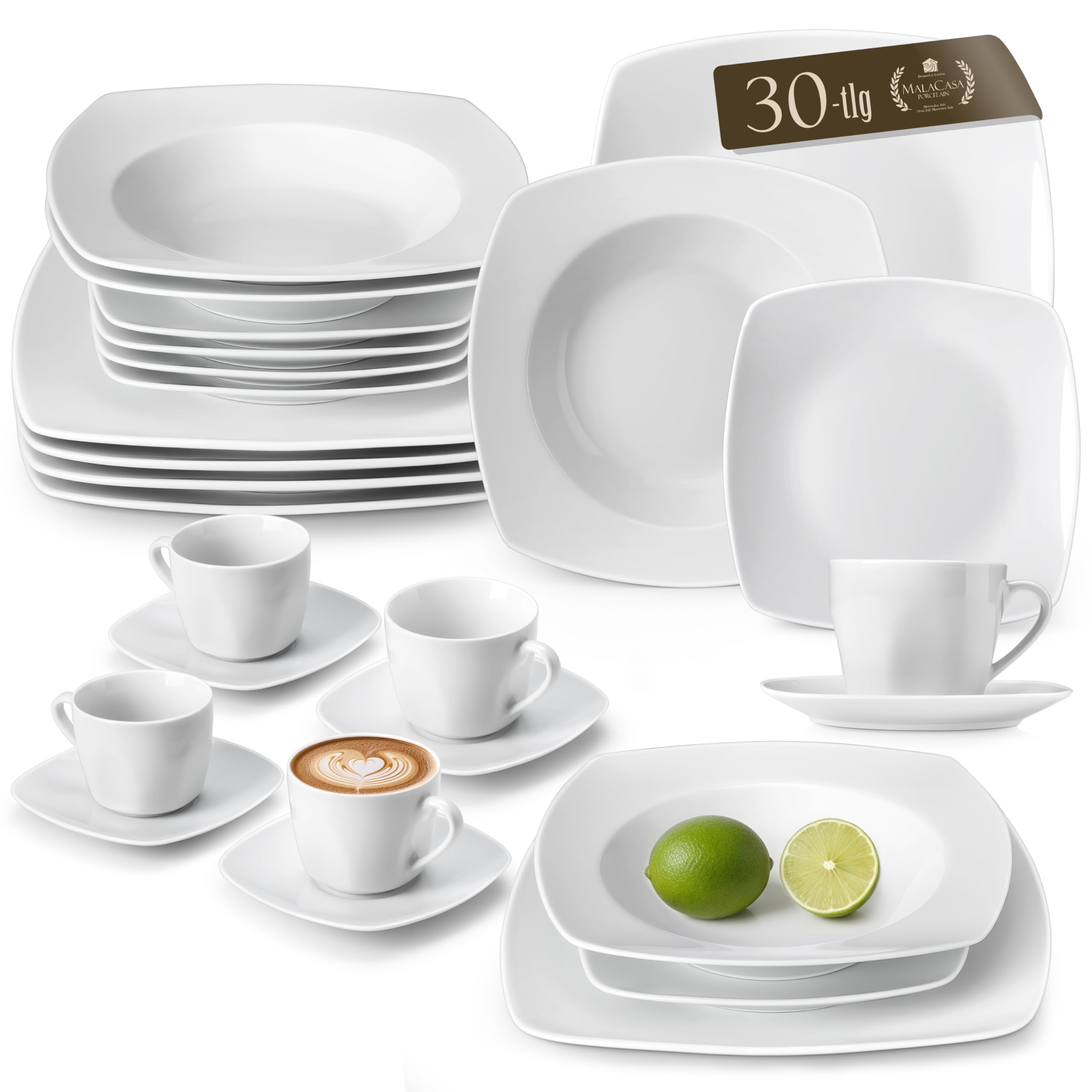 MALACASA 30-Piece Dinner Set for 6 People, Porcelain Plates and Bowls Set, Scratch-Resistant Ivory White Crockery with 6 Dinner/Dessert Plates/Soup Bowls/Cups & Saucers, Julia Series