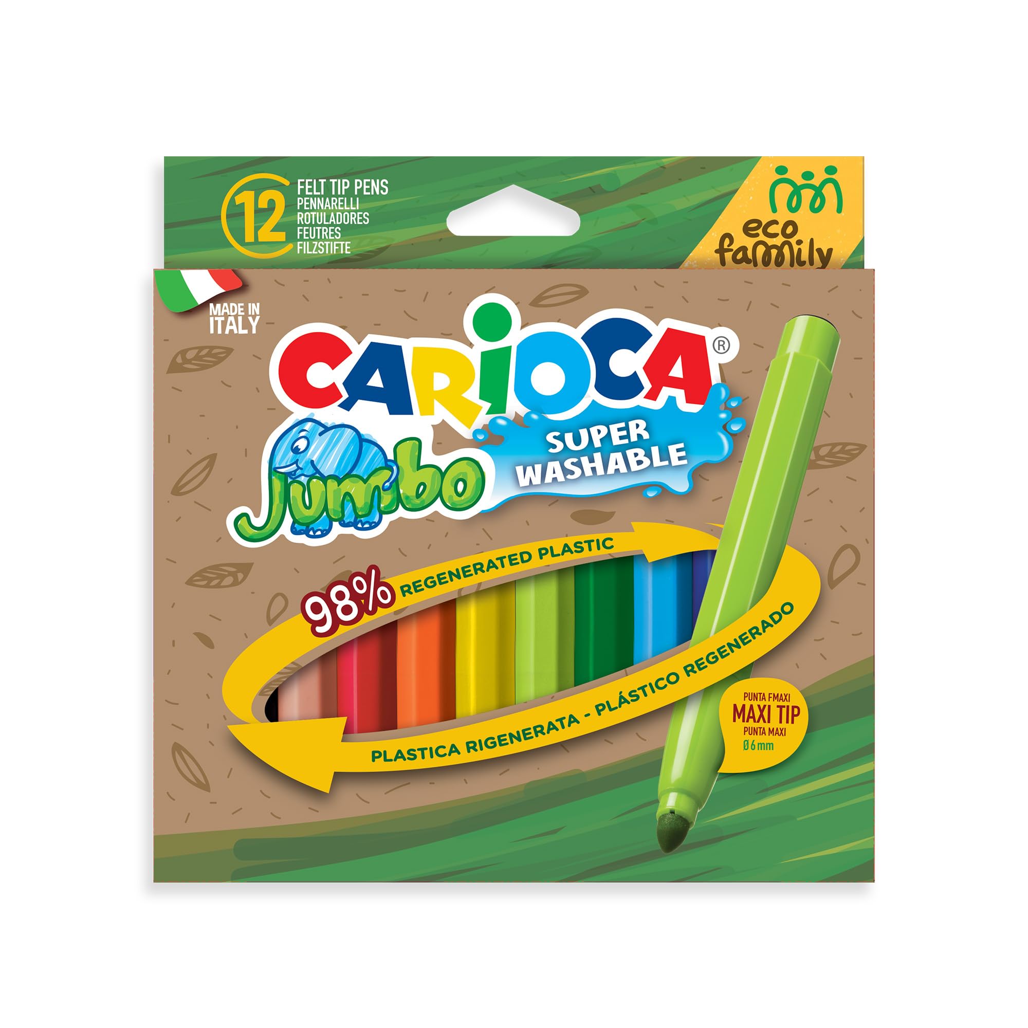 Carioca ECO Range Jumbo Markers | Box of 12 Superwashable Markers Made with 98% Regenerated Plastic | Assorted Colours | Tip Ø 6 mm | 12 Pieces