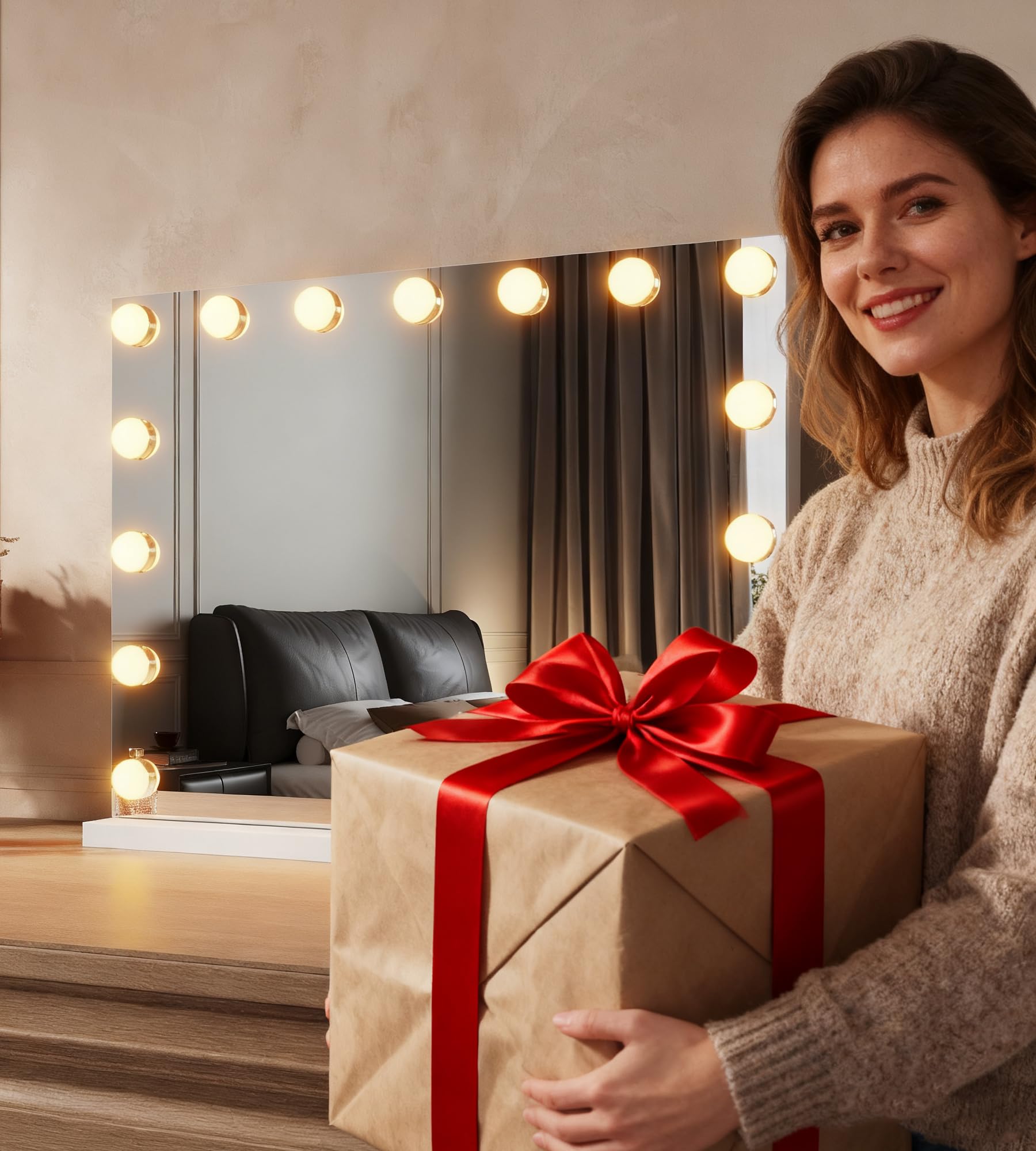 Hollywood Schminkspiegel mit Licht, Dreifarbiges Licht, Einstellbare Helligkeit, 58 x 45, Smart Touch Schalter und Memory Funktion, Mit Bluetooth