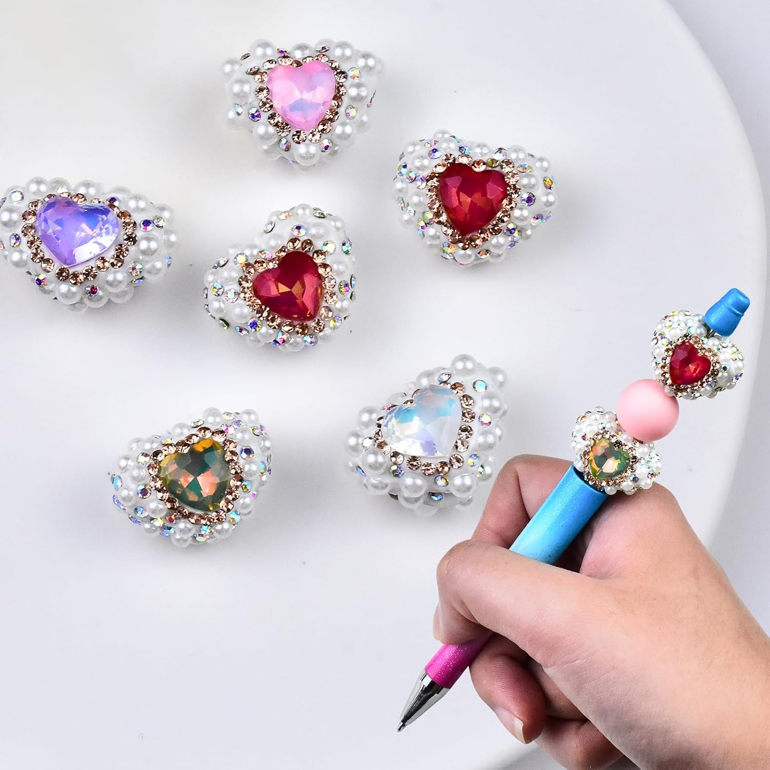 6Pcs Rhinestone Heart Shape Focal Beads for Pens Pearl Heart Craft Beads for DIY Beaded Pens Bracelet Necklace Earrings Keychain Jewelry Making - Image 5